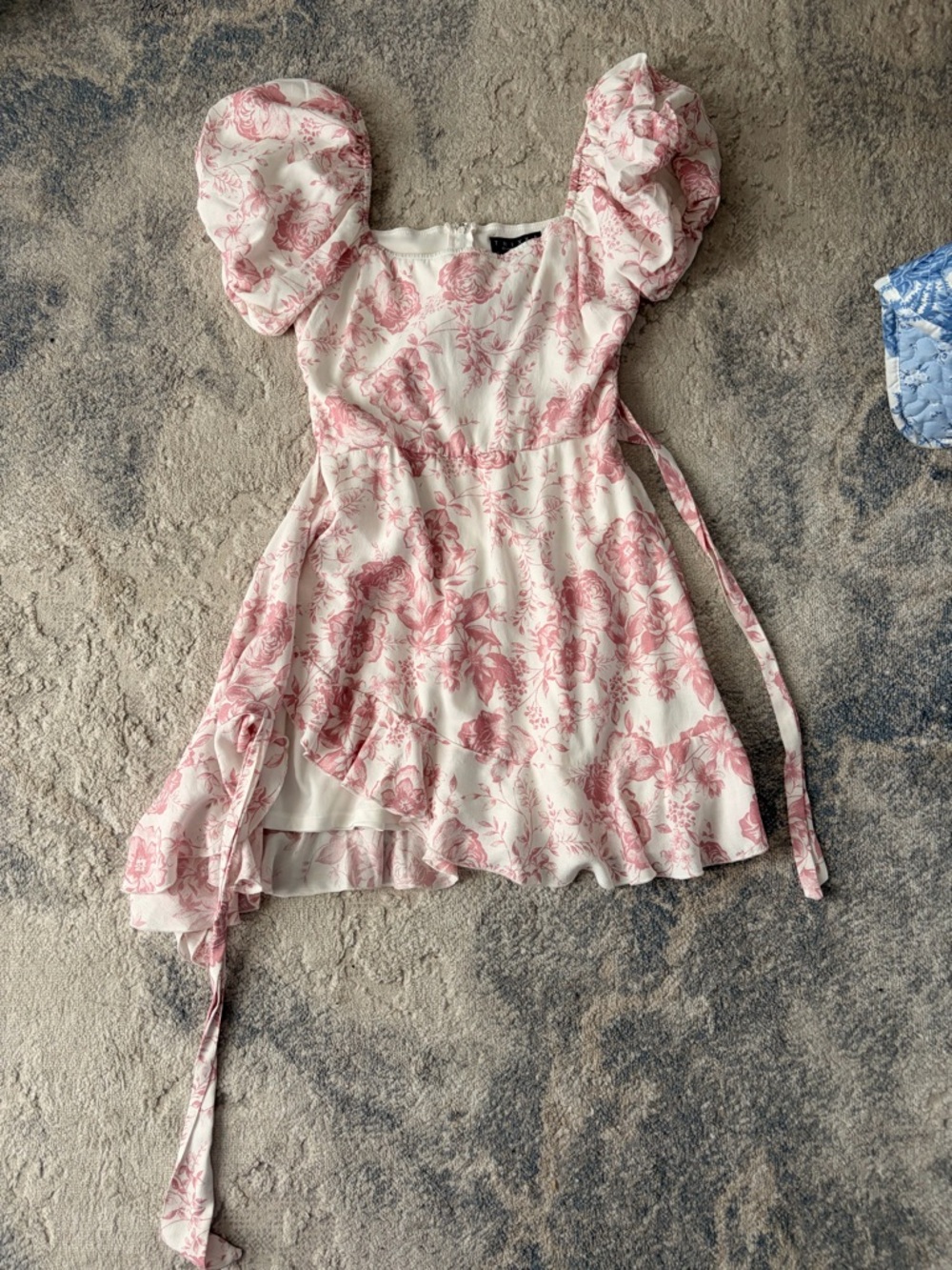 White Dress with Pink Floral Print and Puff Sleeves